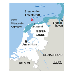 Verortung des brennenden Frachters