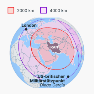 Theoretische Reichweite iranischer Raketen
